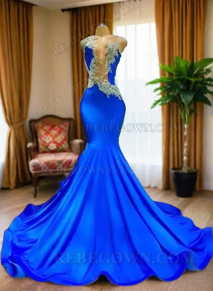 2027 Royal Blue Beaded Prom Dresses with Deep V-neck and Backless front view
