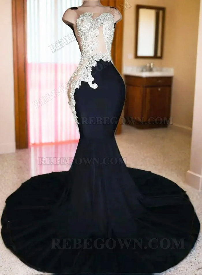 2027 Black Satin Mermaid Prom Dresses with Silver Beaded Appliques and Train front view