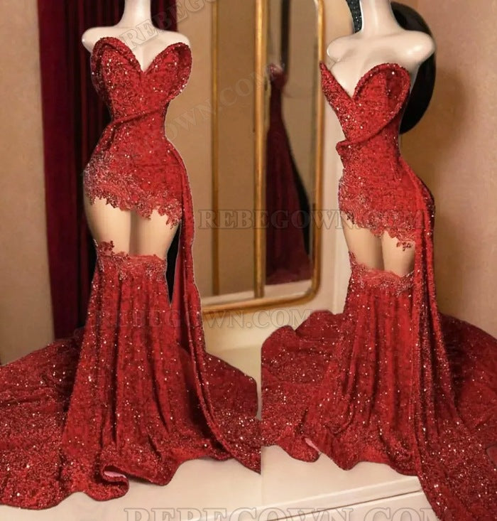 2027 Red Sequined Mermaid Prom Dress with Daring Side Cut-outs and Sweep Train front view