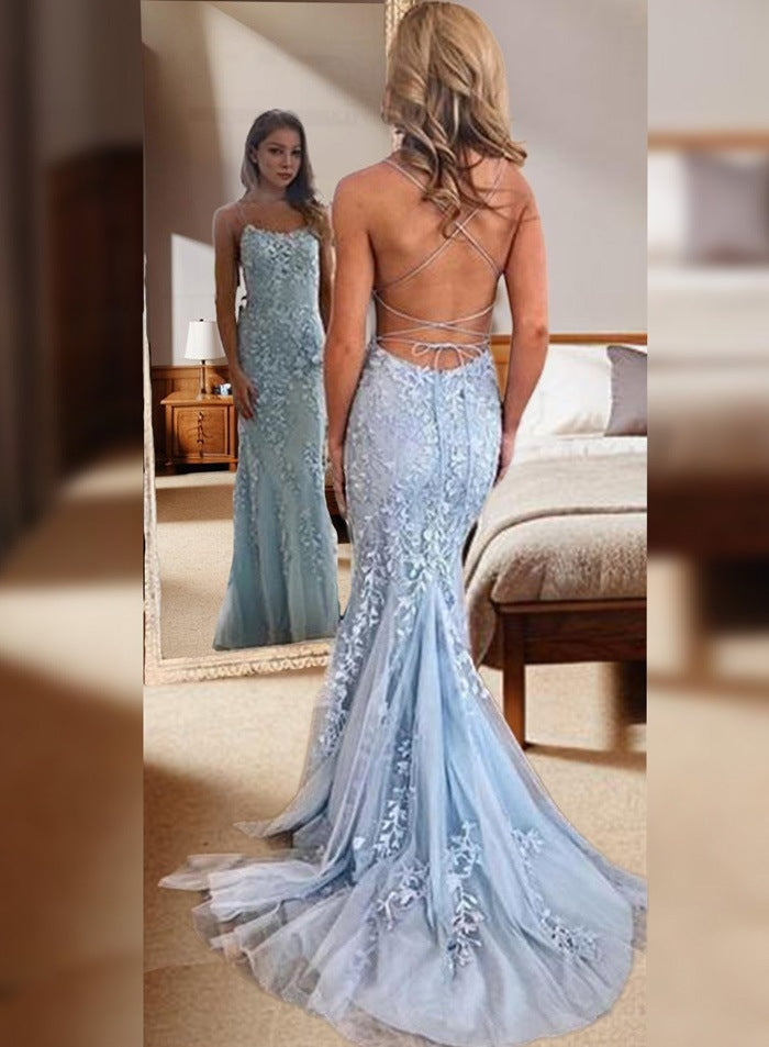 2027 Sheath Light Sky Blue and Appliques Lace Up Back Backless Tulle Long Prom Dresses front view