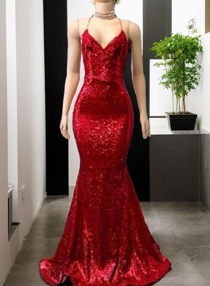 2027 Halter Sequins Red Mermaid Prom Dresses front view