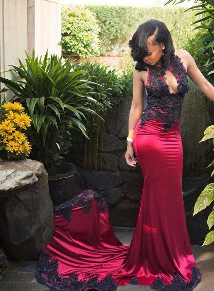 Burgundy and Black Appliques Elastic Satin Sheath Key Hole High Neck African American Prom Dresses 2027 front view