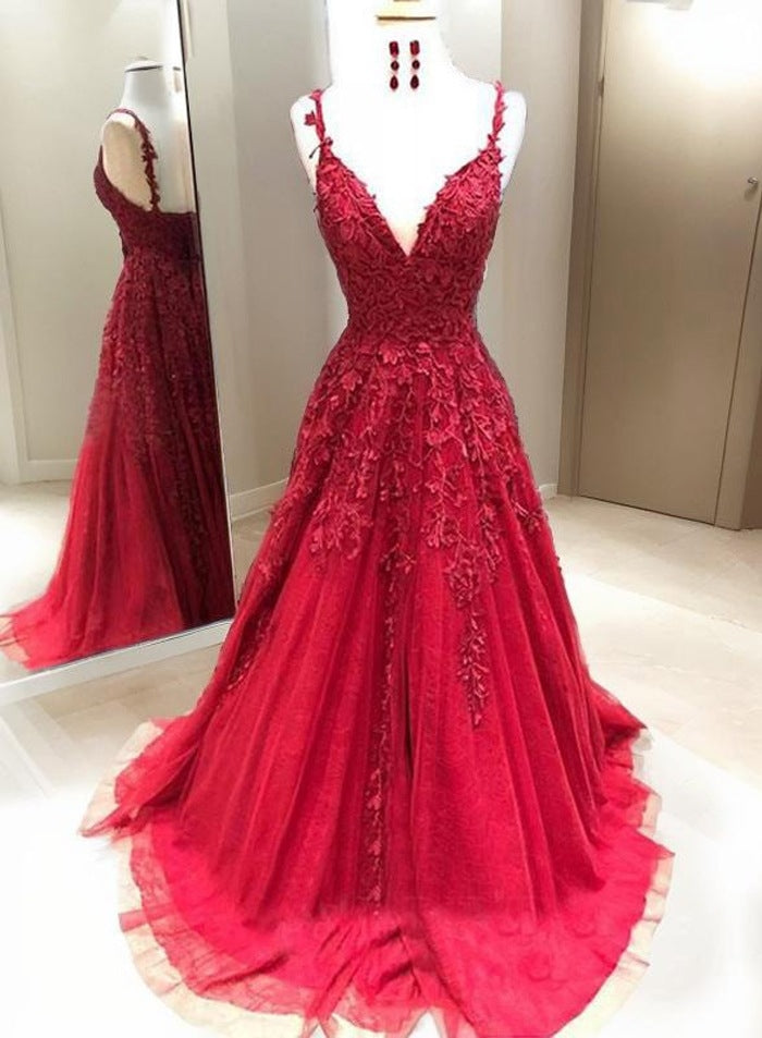 2027 Prom Dresses A Line V Neck Blue Tulle Lace front view