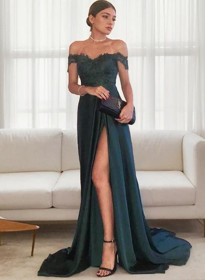 2027 Siren Princess/A-Line Satin Off The Shoulder Side Slit Dark Green Prom Dresses front view
