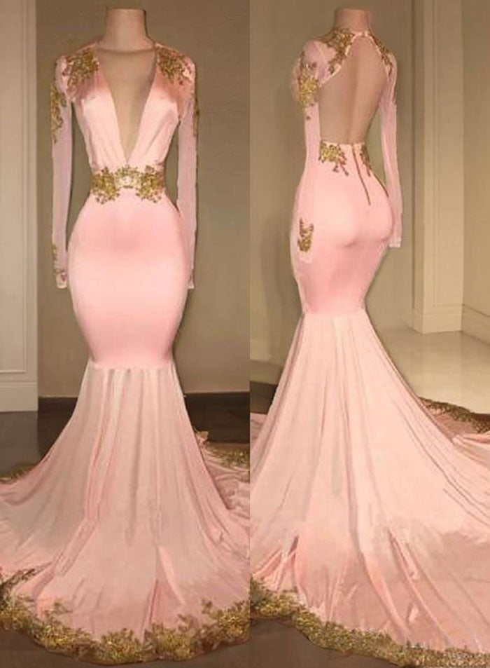 Long Sleeves Blushing Pink Deep V Neck Mermaid Backless With Gold Appliques Prom Dresses front view