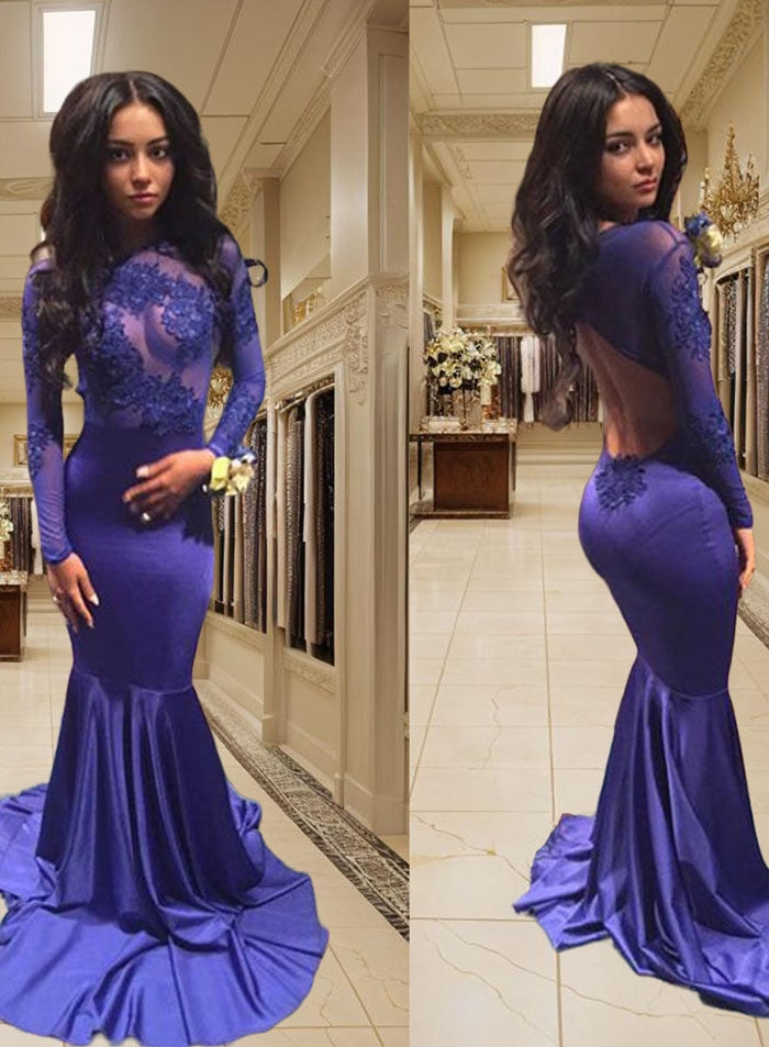 2027 Purple Appliques Open-Back Mermaid Prom Dresses front view