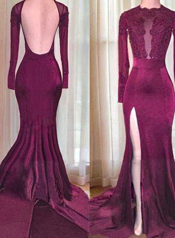 2027 Mermaid Burgundy Backless Chiffon Prom Dresses front view