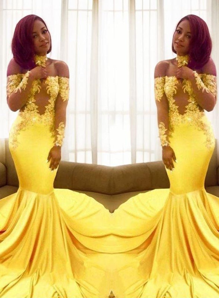 Off Shoulder Mermaid Long Sleeves Yellow Long Train Prom Dresses With Appliques  front view