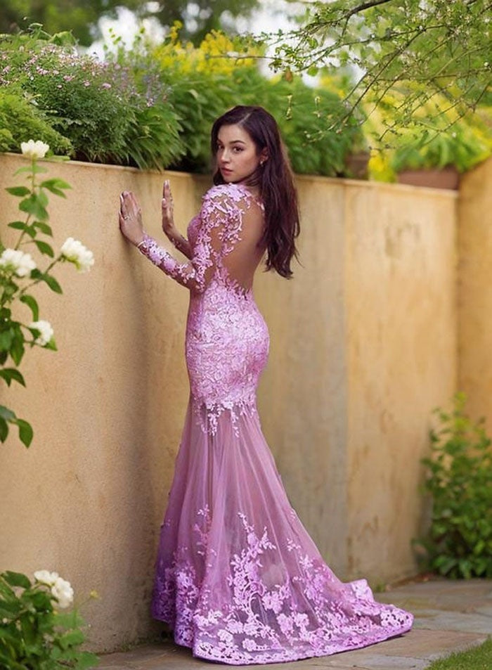Appliques Mermaid Tulle 2027 Pink Prom Dresses front view