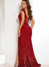 Sheath/Column Sequins Ruched Sleeveless Off the Shoulder Sweep/Brush Train 2027 Prom Dresses back view