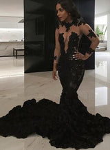 Black Mermaid See Through Long Train Long Sleeves Ruffles Prom Dresses 2027 front view
