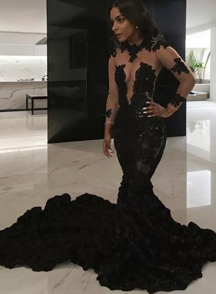 Black Mermaid See Through Long Train Long Sleeves Ruffles Prom Dresses 2027 front view