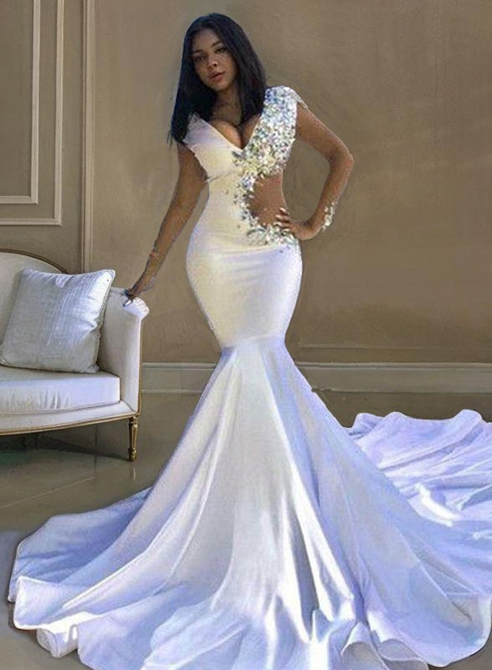 2027 White V-neck Mermaid Beaded Prom Dresses front view