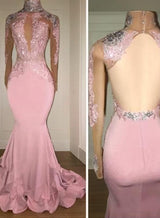 Pink Mermaid Long Sleeves Backless Elastic Satin Open Front High Neck Prom Dresses 2027  side view