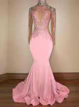 Pink Mermaid Long Sleeves Backless Elastic Satin Open Front High Neck Prom Dresses 2027  front view