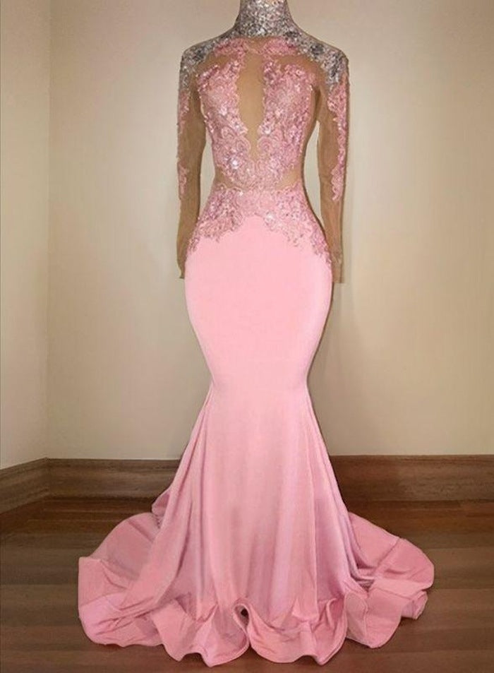 Pink Mermaid Long Sleeves Backless Elastic Satin Open Front High Neck Prom Dresses 2027  front view