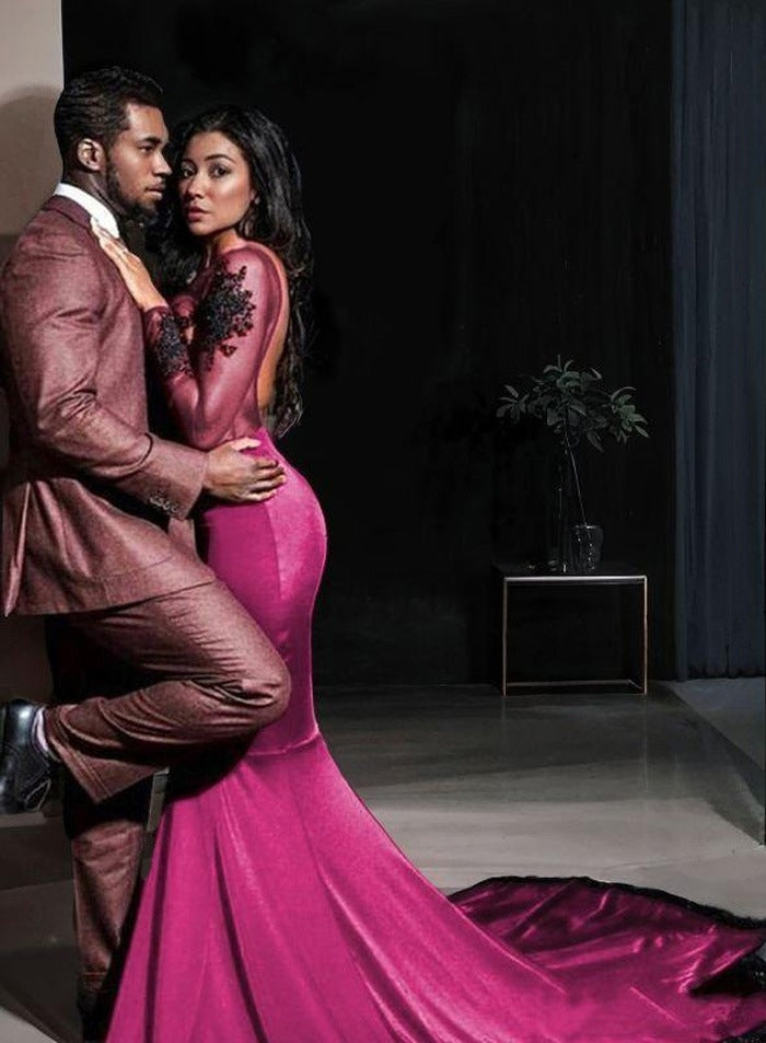 2027 Long Sleeves Burgundy Applique Satin Mermaid Prom Dresses back view