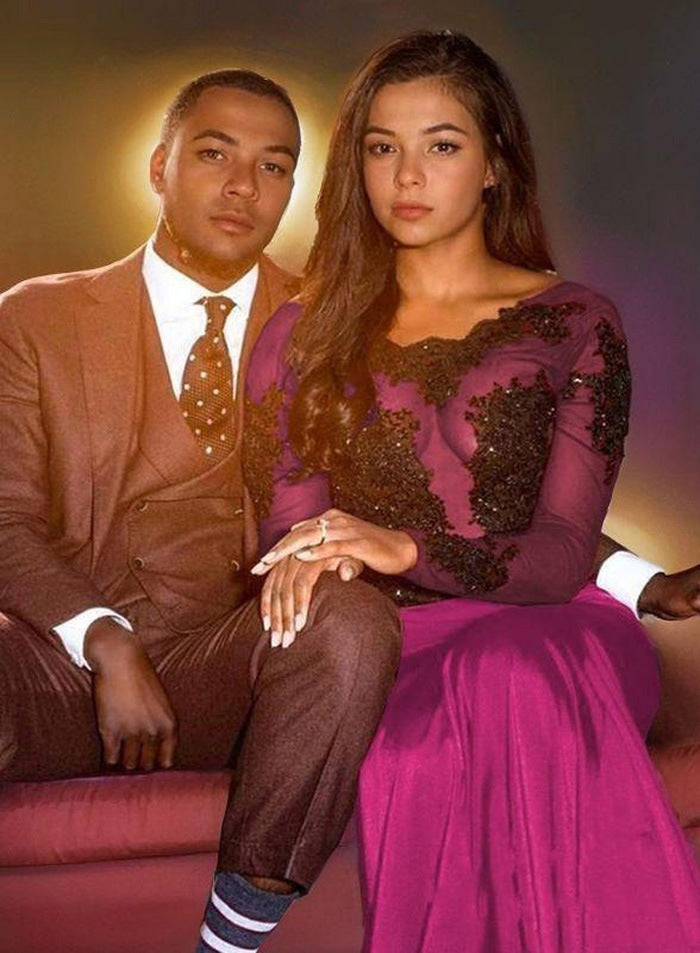 2027 Long Sleeves Burgundy Applique Satin Mermaid Prom Dresses side view