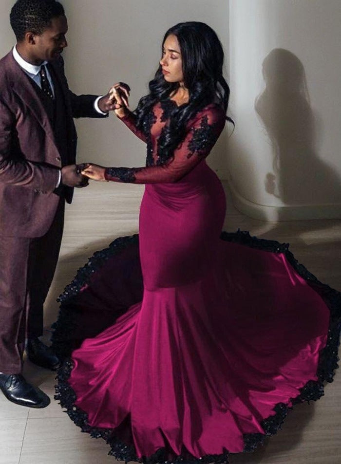 2027 Long Sleeves Burgundy Applique Satin Mermaid Prom Dresses front view