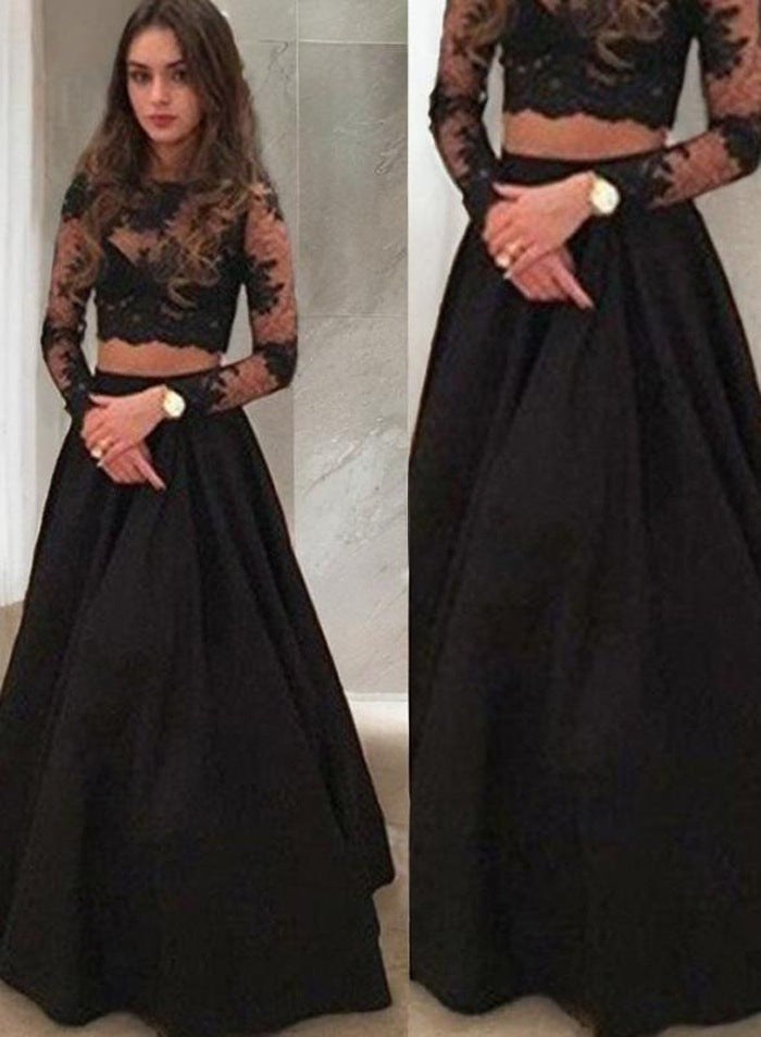 2027 Black Long Sleeve A-Line Lace Two Pieces Prom Dresses front view