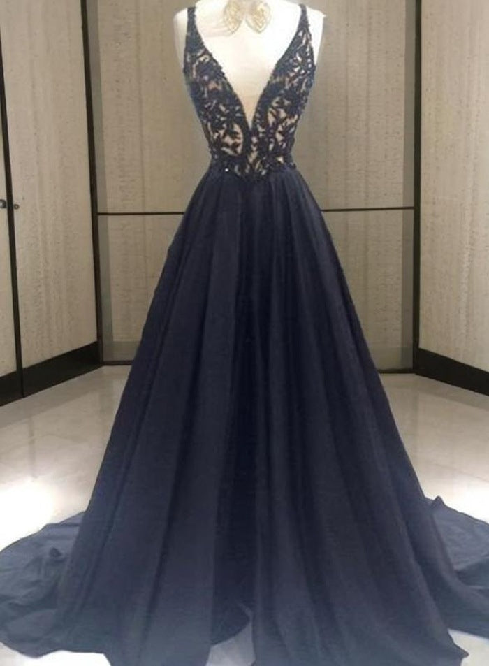 2027 Black Beading V-Neck Zipper Prom Dresses front view
