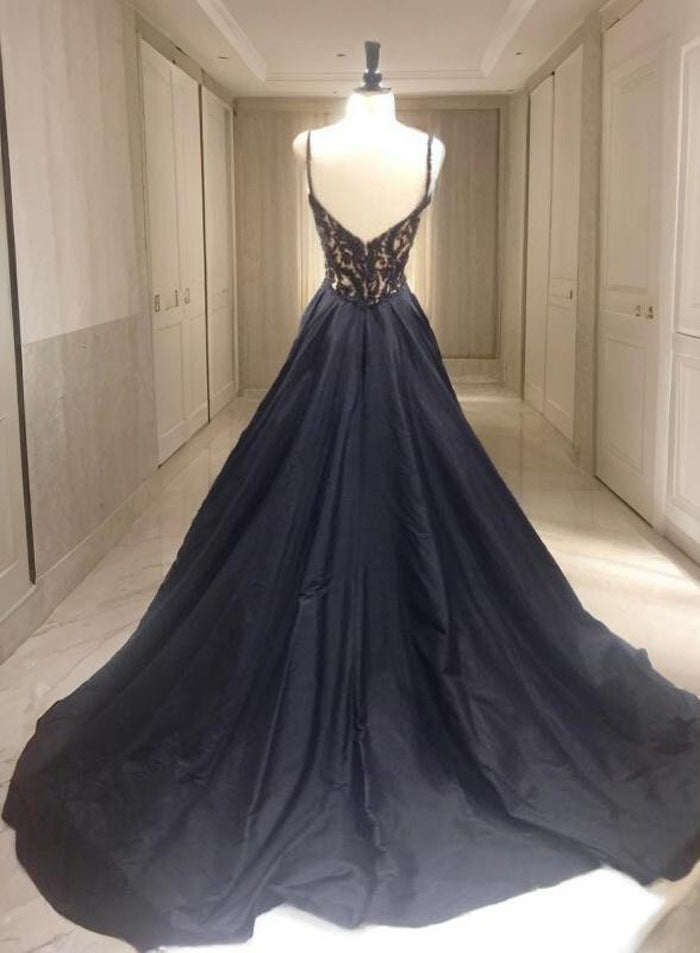 2027 Black Beading V-Neck Zipper Prom Dresses back view