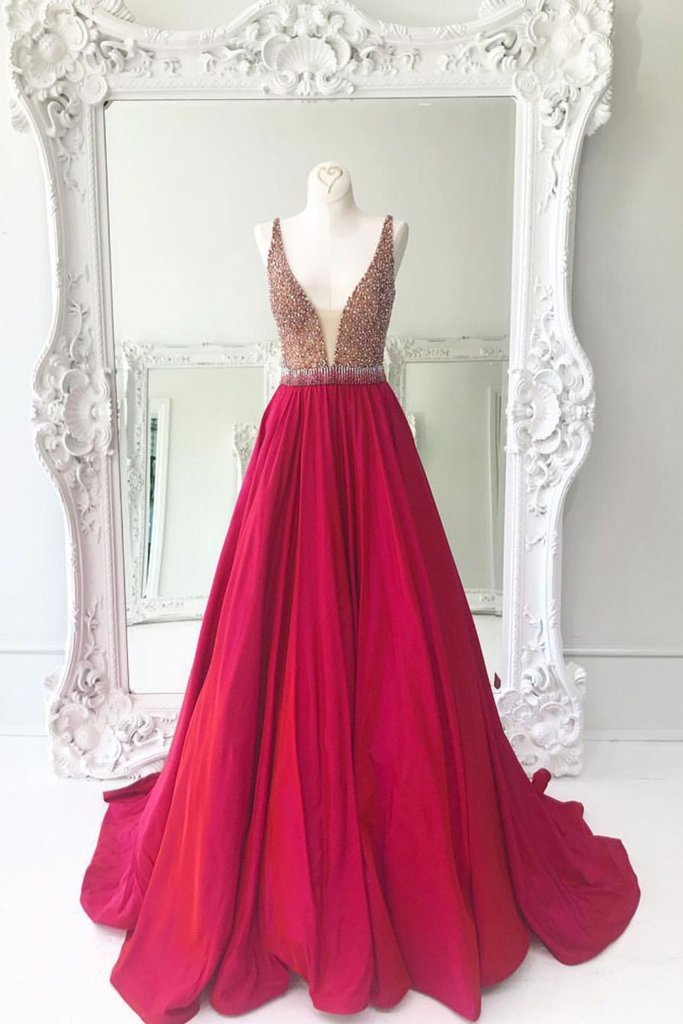 2027 Satin A-Line Red Beaded Prom Dresses front view