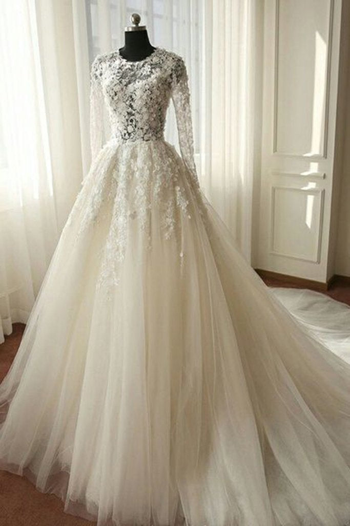 2027 Newest A Line Long Sleeves Tulle Wedding Dresses With Appliques front view