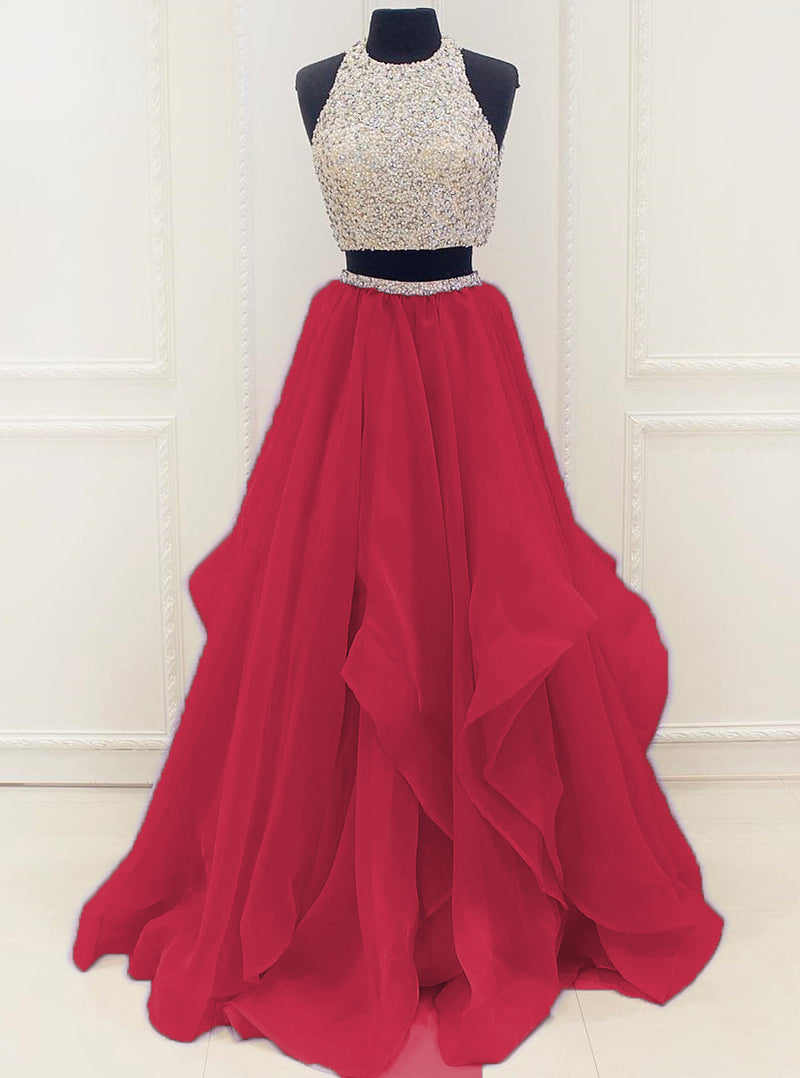 A-Line Organza Red Two Pieces 2027 Prom Dresses front view