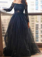 Navy Blue Lace Long Sleeve Tulle Ball Gown Prom Dress front view