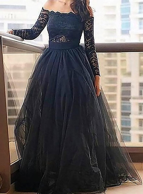 Navy Blue Lace Long Sleeve Tulle Ball Gown Prom Dress front view