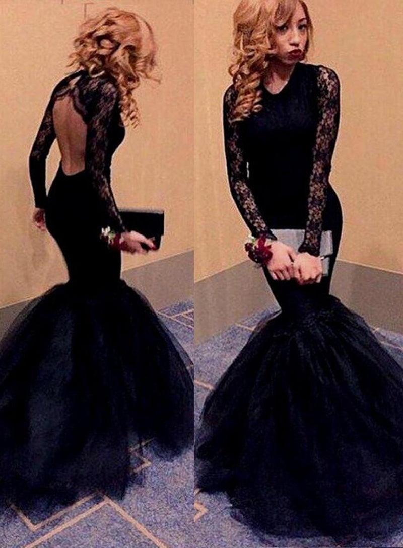Black Lace Open Back Tulle Ball Gown Prom Dress front view