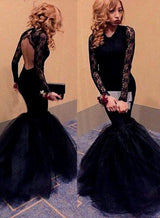 Black Lace Open Back Tulle Ball Gown Prom Dress front view