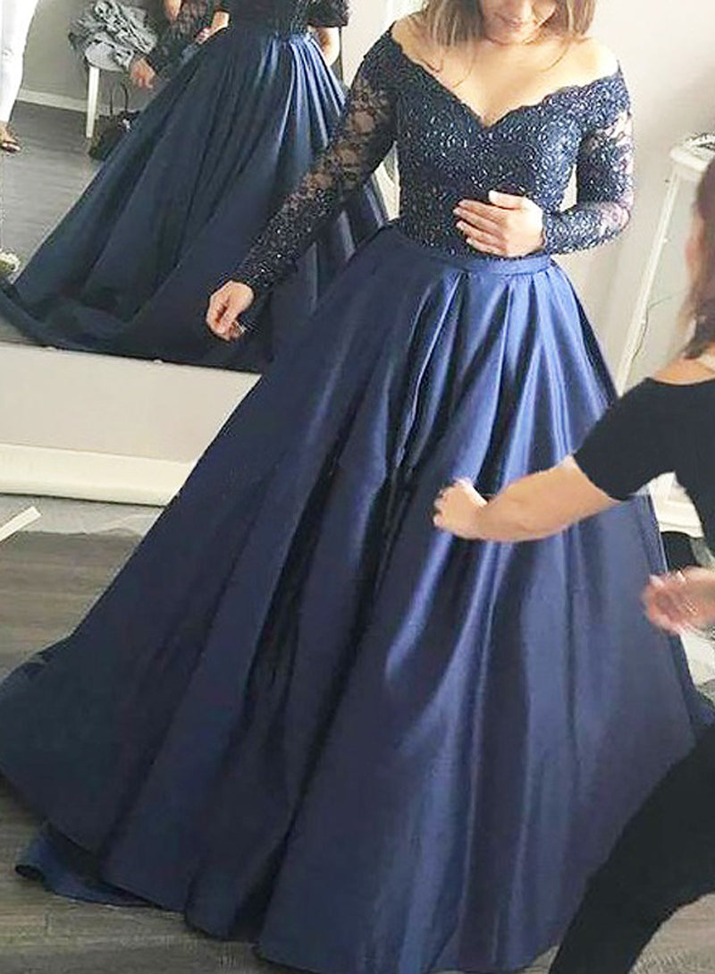 Navy Blue Sequin Long Sleeve Tulle Ball Gown Prom Dress front view