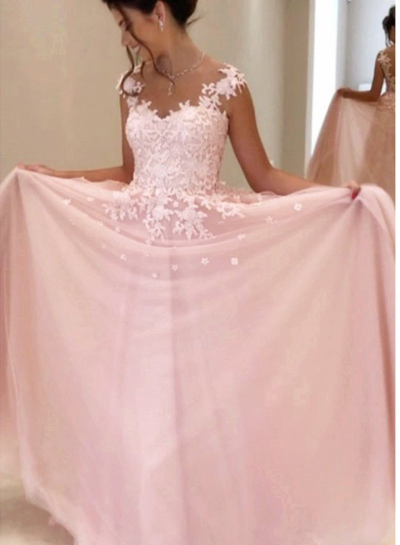 Blush Pink Lace Applique Tulle Ball Gown Prom Dress back view