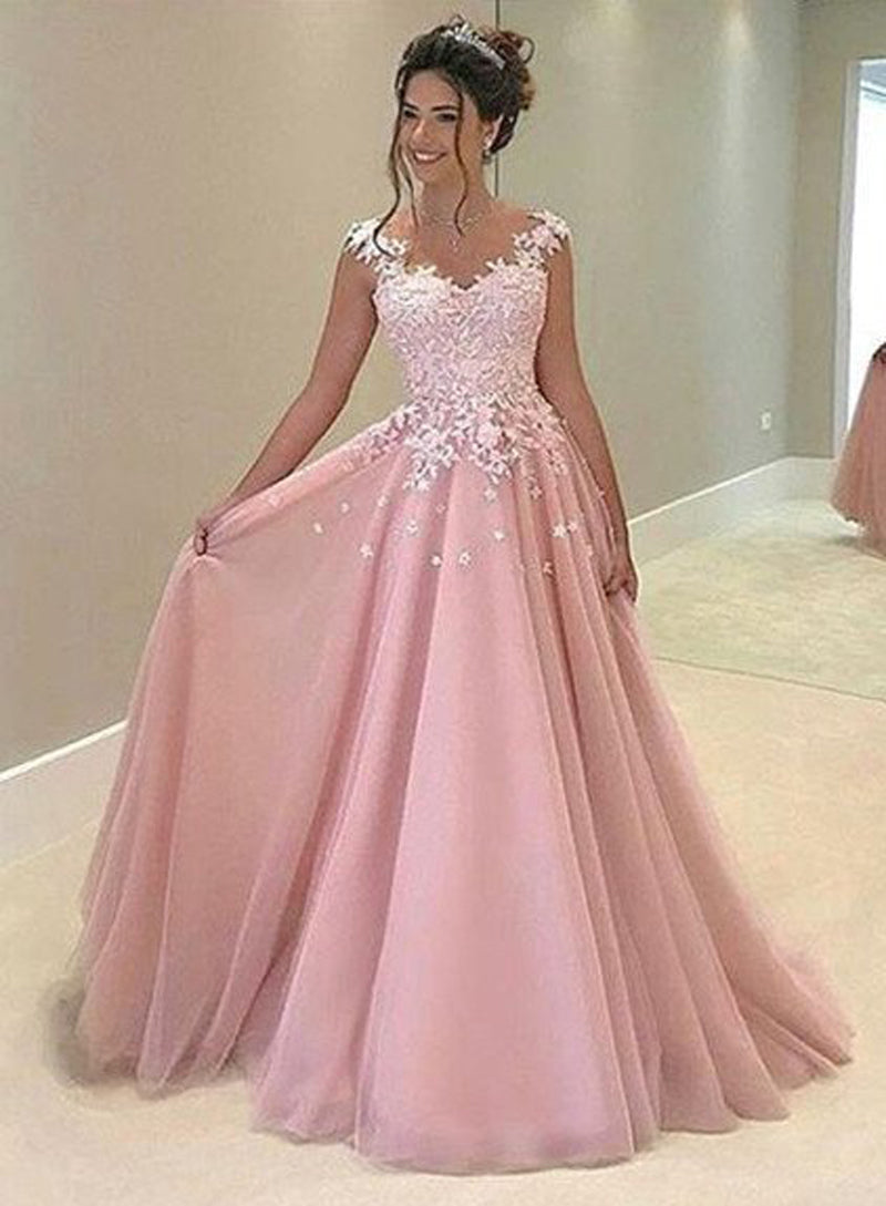 Blush Pink Lace Applique Tulle Ball Gown Prom Dress front view