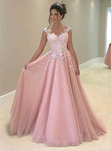 Blush Pink Lace Applique Tulle Ball Gown Prom Dress front view