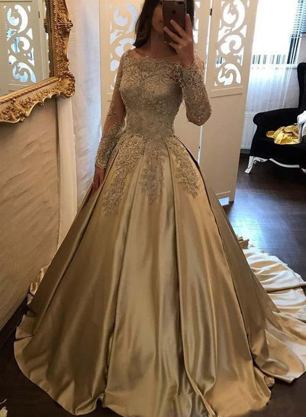 Champagne Lace Long Sleeve Satin Ball Gown Prom Dress front view
