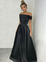 Black Satin Off Shoulder Ball Gown Prom Dress front view