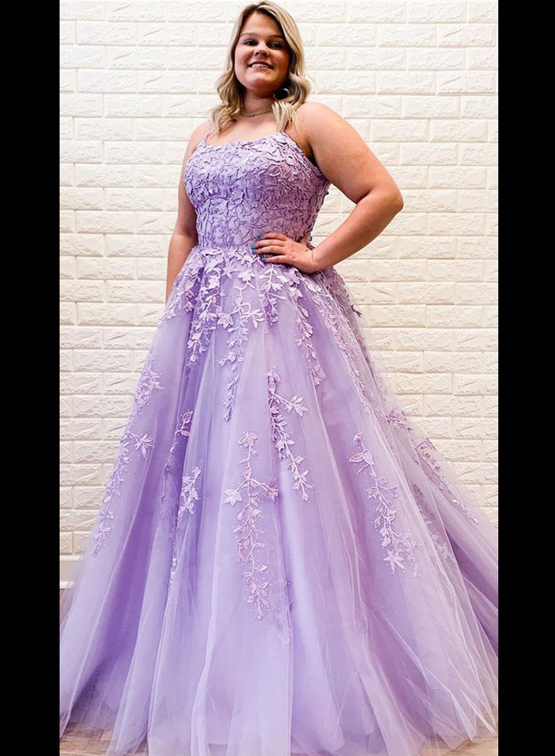 Lilac Lace Floral Tulle Ball Gown Prom Dress front view
