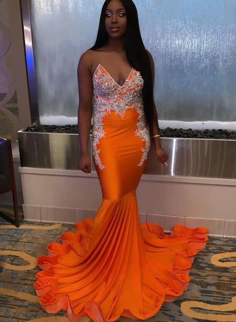 Orange Sequin Strapless Mermaid Prom Dress with Ruffle Hem front view