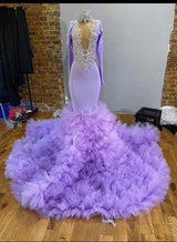 Lilac Tulle Ball Gown Prom Dress with Lace Bodice and Feather Train front view