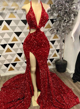 Red Sequin Deep V-Neck Mermaid Prom Dress with High Slit front view