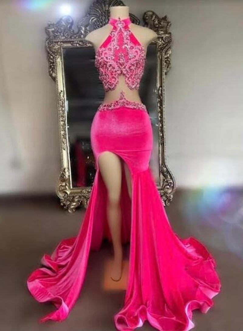 Fuchsia Sequin Halter Mermaid Prom Dress with Cutout Back front view