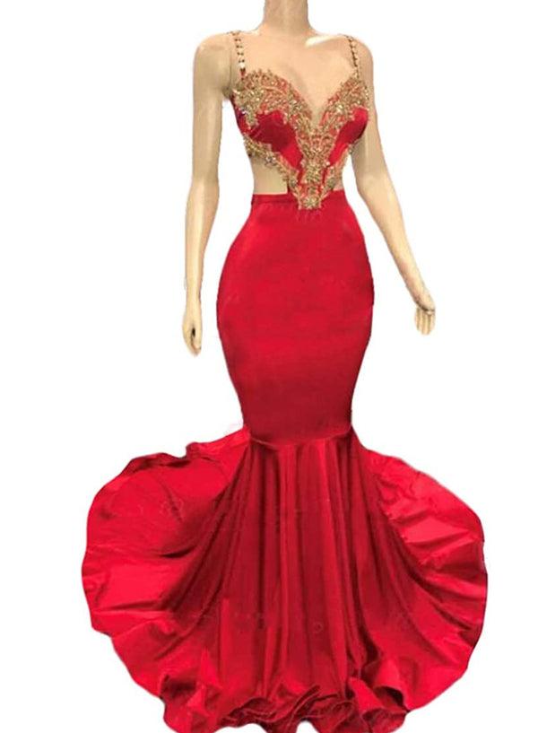 Red Lace Sequin Strapless Mermaid Prom Dress with Ruffle Hem front view