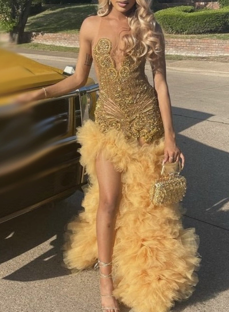 Gold Sequin Tulle Mermaid Prom Dress with Feather Train back view