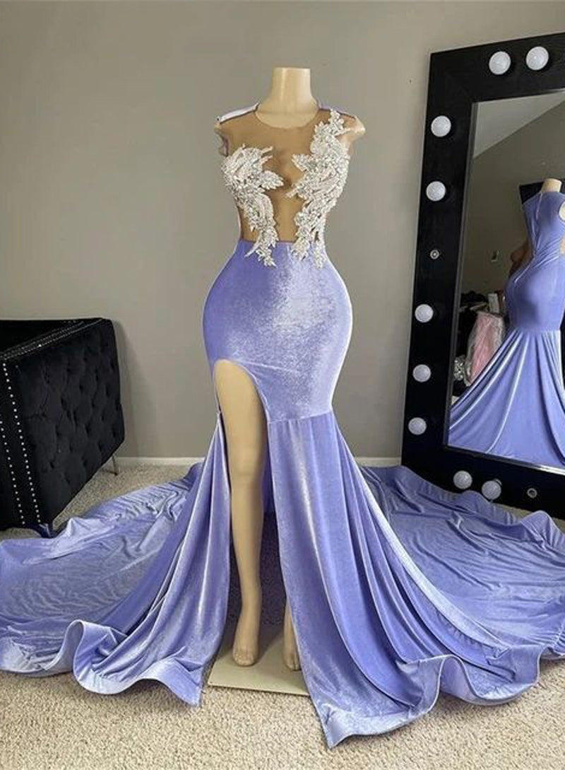 Lilac Lace Satin Mermaid Prom Dress with Cutout Skirt front view