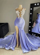 Lilac Lace Satin Mermaid Prom Dress with Cutout Skirt front view