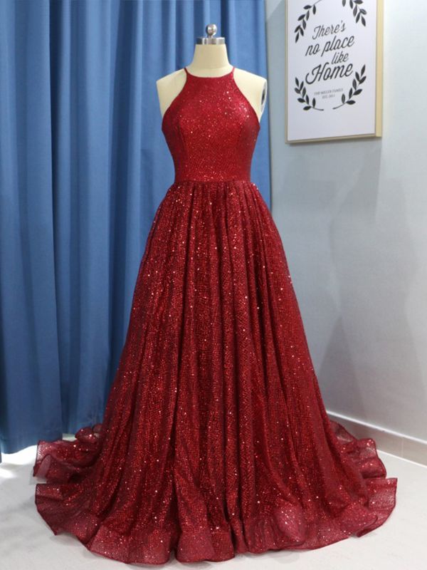 2027 A Line Red Halter Shiny Long Prom Dresses back view