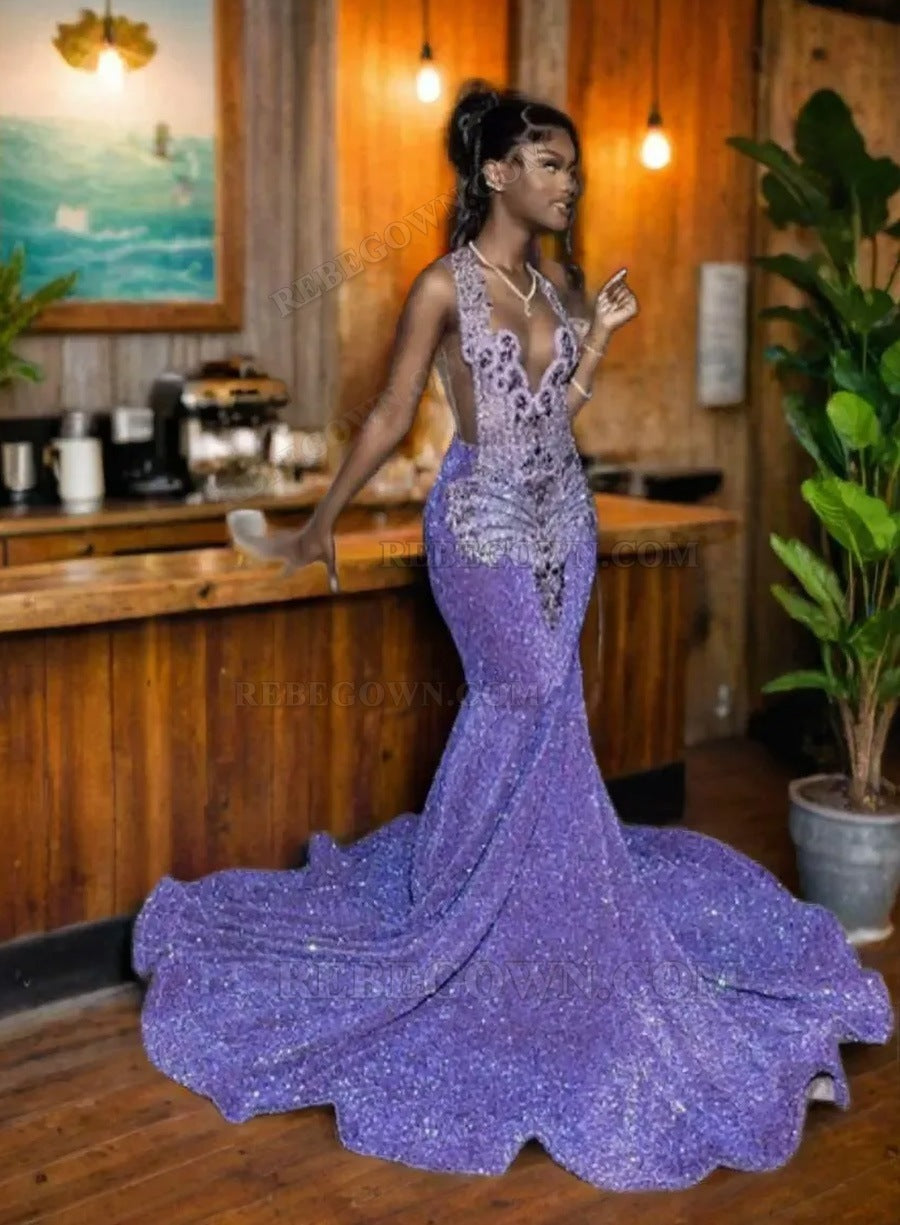 2027 Lavender Mermaid Sequin Long Evening Gowns front view